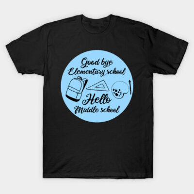 Black t-shirt with blue circle design, "Goodbye Elementary, Hello Middle School," featuring school icons.