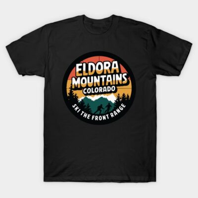 Black t-shirt with "Eldora Mountains Colorado" graphic, featuring ski motif, ideal for casual wear and outdoor enthusiasts.