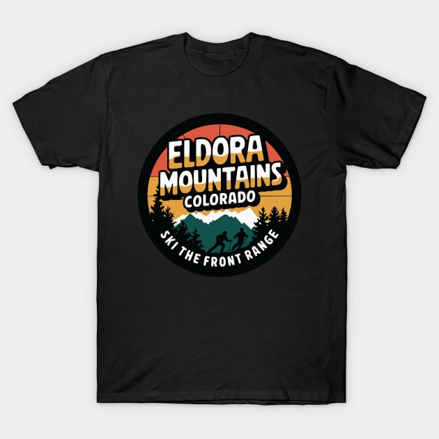 Black t-shirt with "Eldora Mountains Colorado" graphic, featuring ski motif, ideal for casual wear and outdoor enthusiasts.