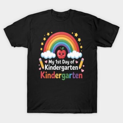 Black t-shirt featuring colorful "My 1st Day of Kindergarten" design with rainbow, apple, and pencils graphics.