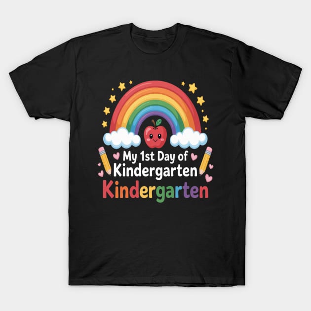 Black t-shirt featuring colorful "My 1st Day of Kindergarten" design with rainbow, apple, and pencils graphics.