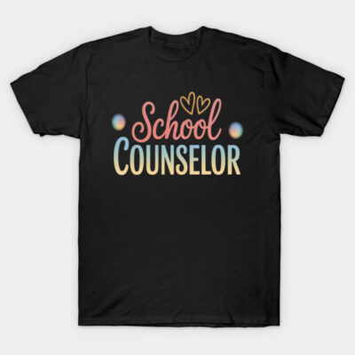 Black cotton t-shirt with "School Counselor" text in colorful font and heart design, ideal for educators.