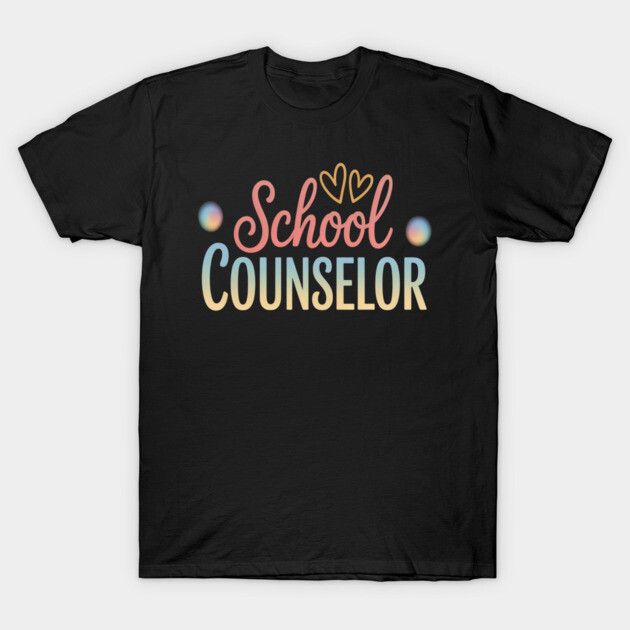 Black cotton t-shirt with "School Counselor" text in colorful font and heart design, ideal for educators.