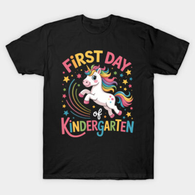 Black t-shirt with colorful unicorn design, "First Day of Kindergarten" text, ideal for school events, cotton material.