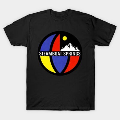 Black t-shirt with colorful Steamboat Springs mountain graphic, ideal for casual wear and outdoor enthusiasts.