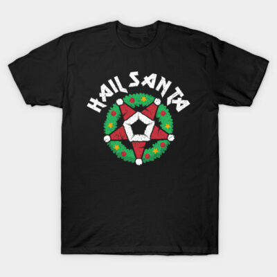 Black Christmas-themed T-shirt with festive wreath and Santa hat design, ideal for holiday wear.