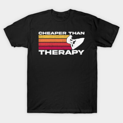 Black unisex t-shirt with "Cheaper Than Therapy" and graphic print, casual style, 100% cotton, perfect for everyday wear.