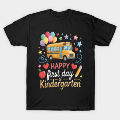 Black T-shirt with colorful school bus, balloons, and "Happy First Day of Kindergarten" text, perfect for kids' school events.