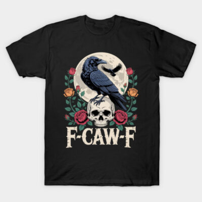 Black T-shirt with crow, skull, moon, and roses design, ideal for casual wear.