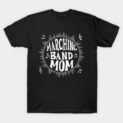 Black "Marching Band Mom" T-shirt with musical note design, ideal for band events, casual wear, 100% cotton.