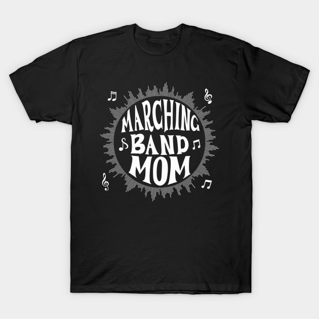 Black "Marching Band Mom" T-shirt with musical note design, ideal for band events, casual wear, 100% cotton.