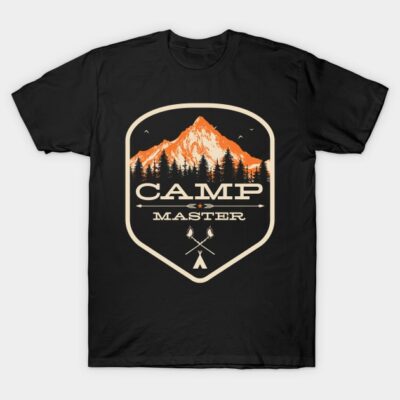 Black "Camp Master" T-shirt with orange mountain and forest print, perfect for outdoor enthusiasts.
