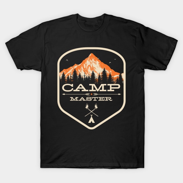 Black "Camp Master" T-shirt with orange mountain and forest print, perfect for outdoor enthusiasts.