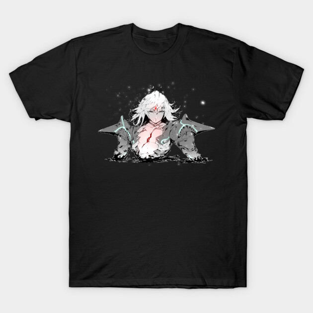 Black anime graphic t-shirt featuring abstract design, perfect for casual wear, made of soft cotton, unisex fit.