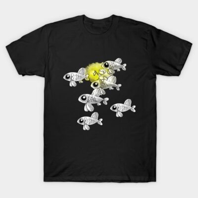 Black T-shirt with unique fish design, featuring white and yellow artwork. Casual style, ideal for everyday wear.