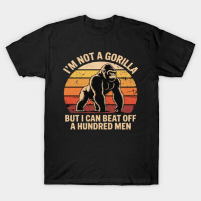 Black t-shirt with vintage gorilla graphic and humorous text, ideal for casual wear and gifting.
