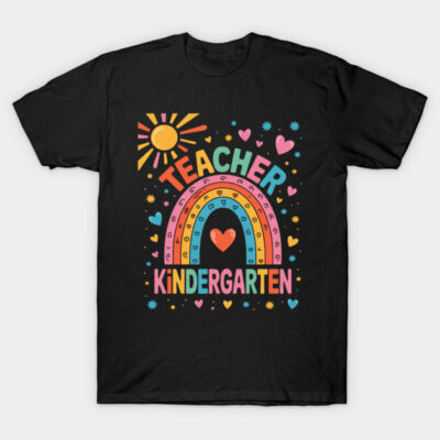 Black T-shirt with colorful "Teacher Kindergarten" design, featuring rainbow, hearts, and sun. Ideal for educators.