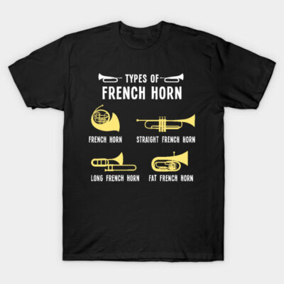 Black t-shirt with yellow French horn illustrations and text, "Types of French Horn." Casual music-themed apparel.