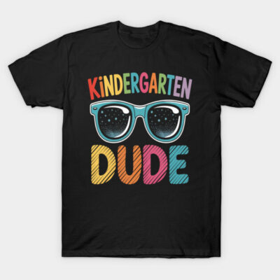 Black kindergarten-themed t-shirt with colorful text and sunglasses graphic, perfect for casual wear.