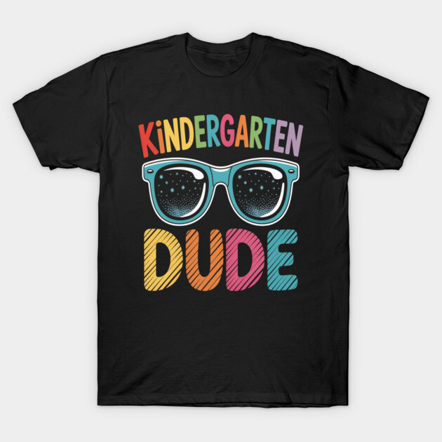 Black kindergarten-themed t-shirt with colorful text and sunglasses graphic, perfect for casual wear.
