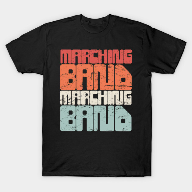 Black T-shirt with "Marching Band" text design in red, white, and blue. Casual wear, cotton material, unisex style.
