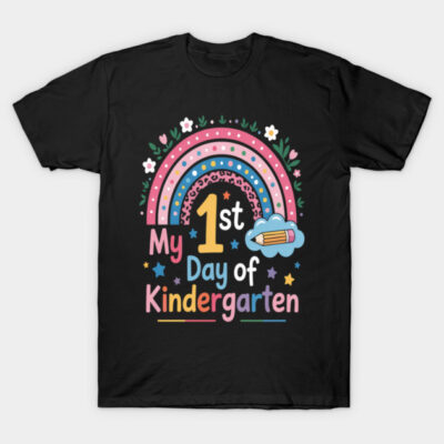 Black t-shirt with colorful "My 1st Day of Kindergarten" design, featuring rainbow and floral elements.