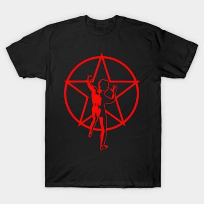 Black t-shirt with red star and figure design, casual wear, cotton material, perfect for everyday style.