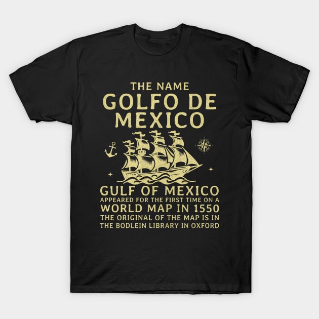 Black t-shirt with vintage ship graphic and "Golfo de Mexico" text in cream color, historical map theme.