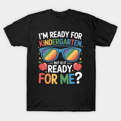 Black kindergarten-themed t-shirt with colorful text and sunglasses graphic, perfect for back-to-school kids' fashion.