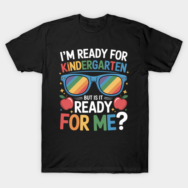 Black kindergarten-themed t-shirt with colorful text and sunglasses graphic, perfect for back-to-school kids' fashion.