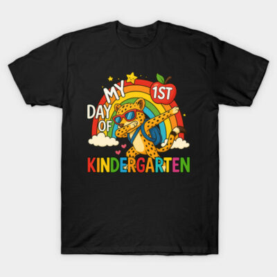 Black "My 1st Day of Kindergarten" T-shirt with colorful rainbow and cheetah design, perfect for school starters.