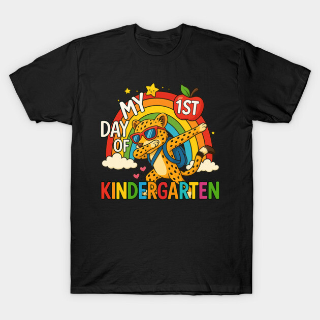Black "My 1st Day of Kindergarten" T-shirt with colorful rainbow and cheetah design, perfect for school starters.