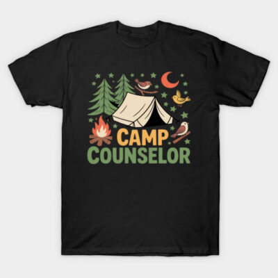 Black "Camp Counselor" t-shirt with camping graphics, featuring a tent, trees, and campfire design. Perfect for outdoor adventures.