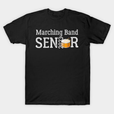 Black "Marching Band Senior 2023" T-shirt with drum graphic, casual style, ideal for music enthusiasts.