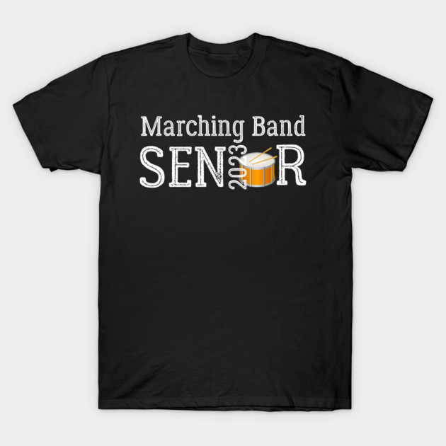 Black "Marching Band Senior 2023" T-shirt with drum graphic, casual style, ideal for music enthusiasts.