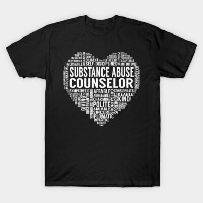 Black t-shirt with white heart-shaped text design for substance abuse counselors, made of soft cotton.