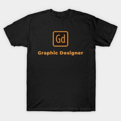 Black graphic designer t-shirt with orange text, casual style, perfect for creatives, soft cotton material.