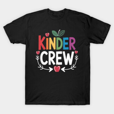 Black t-shirt with "Kinder Crew" design in colorful letters, apple motifs, casual style, perfect for school events.
