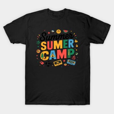 Black "Summer Camp" graphic t-shirt, colorful playful design, casual wear, unisex, cotton blend, perfect for summer activities.