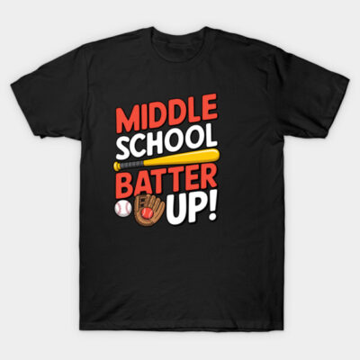 Black t-shirt with "Middle School Batter Up" baseball design, featuring glove, bat, and ball. Perfect for sports fans.