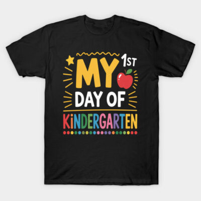 Black "My 1st Day of Kindergarten" t-shirt with colorful text and apple graphic, perfect for school events.