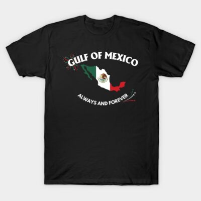 Black t-shirt with "Gulf of Mexico Always and Forever" text and Mexican flag map design, casual wear.