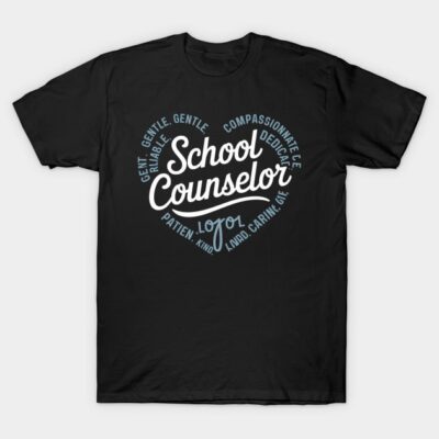Black "School Counselor" T-shirt with motivational heart design, ideal for educators, soft cotton material.