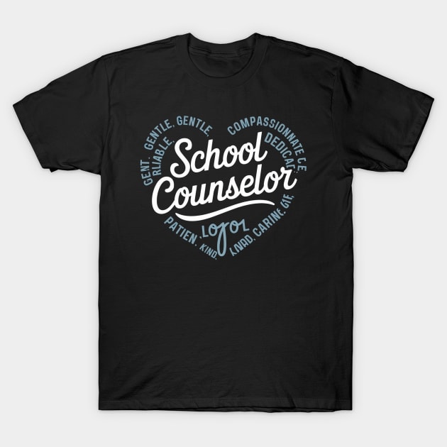 Black "School Counselor" T-shirt with motivational heart design, ideal for educators, soft cotton material.