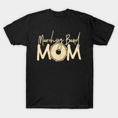 Black "Marching Band Mom" T-shirt with drum graphic, casual style, soft cotton fabric, perfect for music event wear.