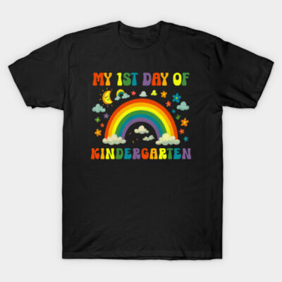 "Black t-shirt with colorful 'My 1st Day of Kindergarten' rainbow design, perfect for school events and celebrations."