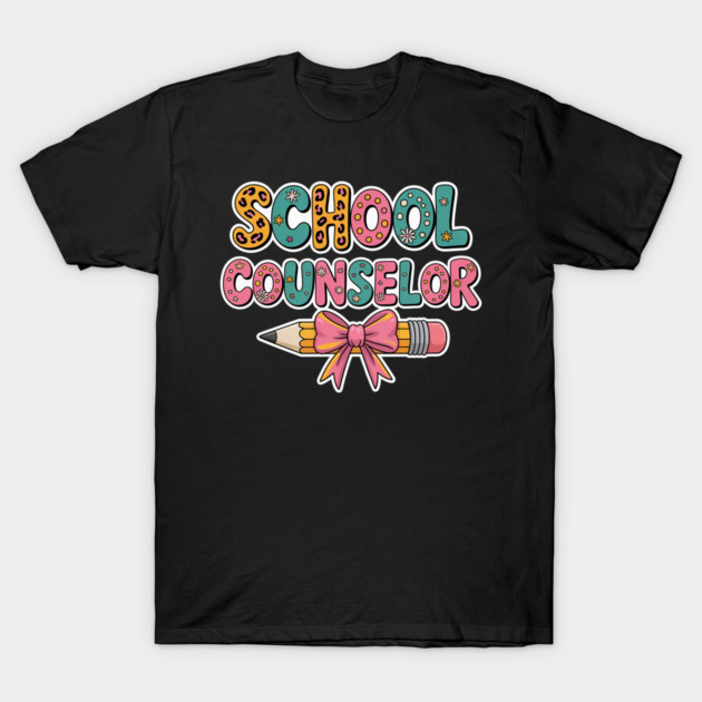 Black t-shirt with colorful "School Counselor" graphic, pencil and bow design, perfect for educators and casual wear.