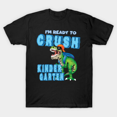 Black kids' T-shirt with fun dinosaur print and "I'm Ready to Crush Kindergarten" text, perfect for school.