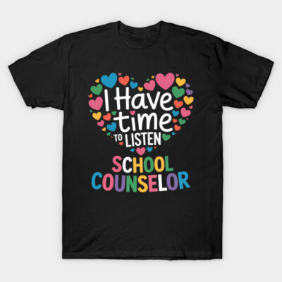 Black T-shirt with colorful heart and text design for school counselors, casual style, 100% cotton.
