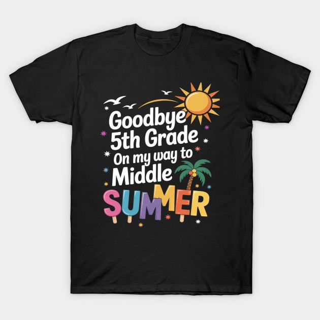 Black T-shirt with colorful "Goodbye 5th Grade" summer design featuring sun and palm tree, perfect for students.